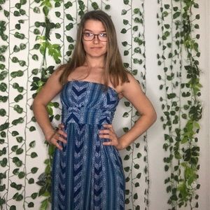 Blue geometrical strapless maxi dress pockets